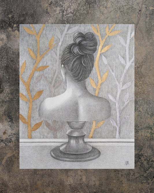 Bust from behind on a decorated background
