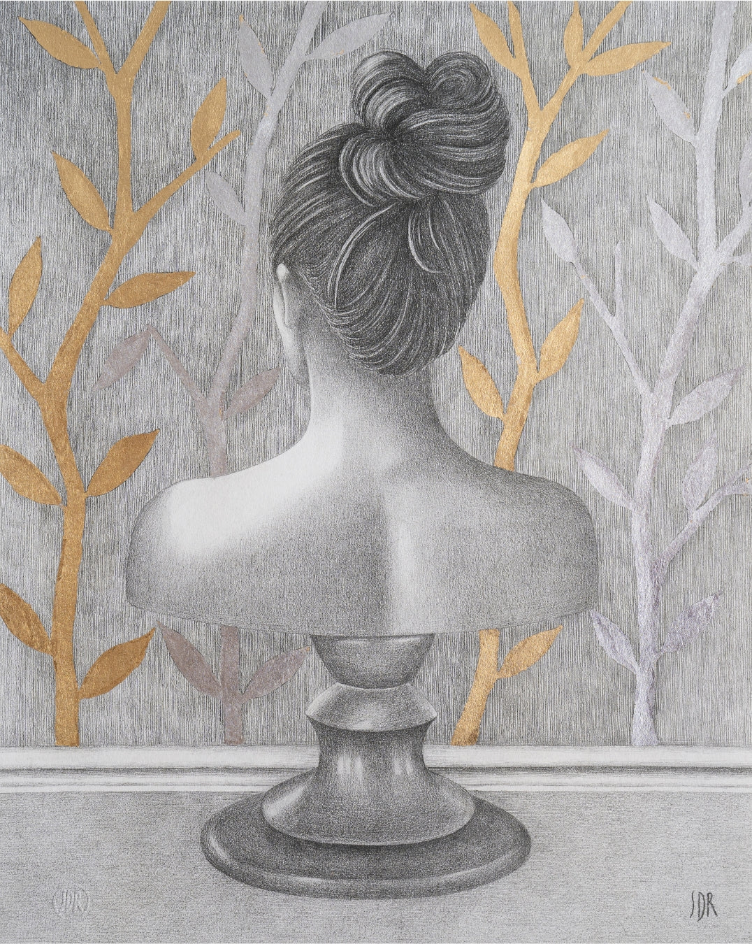 Bust from behind on a decorated background
